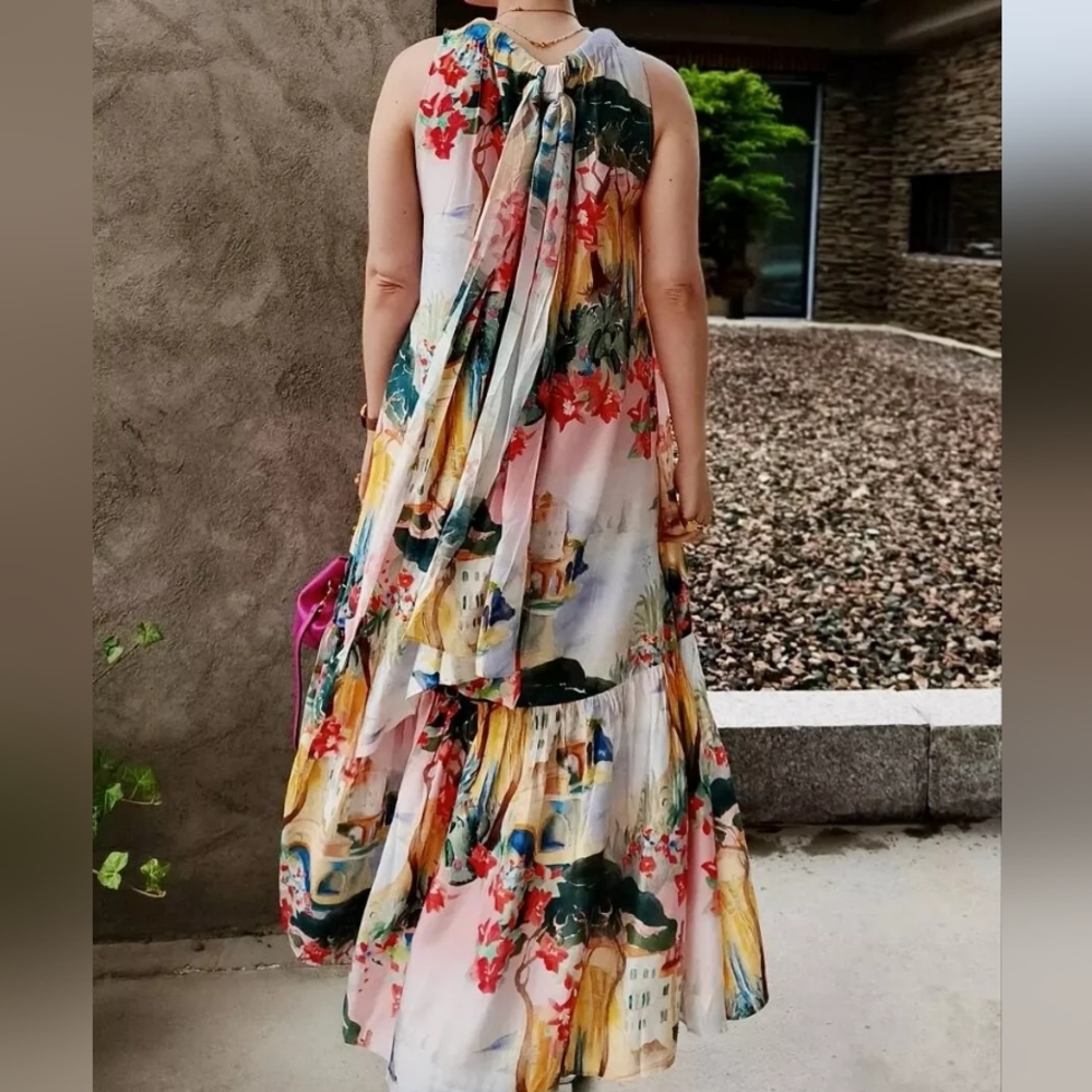 H&M voluminous maxi dress back tie detail pink patterned/multicolored Nwt